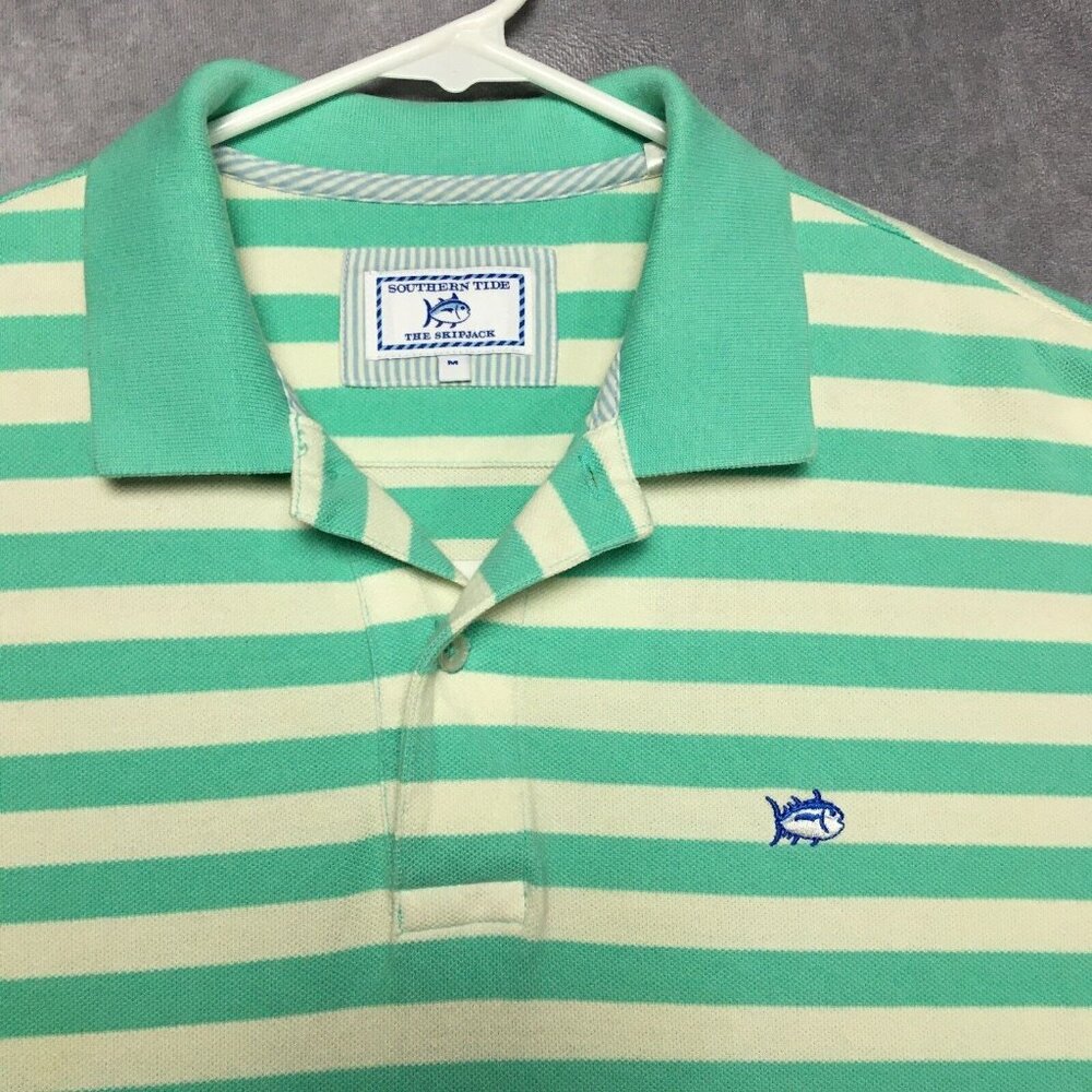 Southern Tide Mens Striped Polo Shirt size Medium Short Sleeve‎ Mint Green White